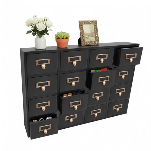 Klein Kommode mit 16 Schubladen, Mini Schubladenschrank Holz Schubladenbox Vintage Aufbewahrungsschrank, Tisch Apothekerschrank Schreibtisch Organizer für Bürobedarf Medikamente (Schwarz)