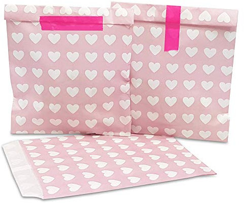 Frau WunderVoll® 25 PAPIERTÜTEN ROSA, Herzen 13 x 16,5 cm, 45 Gramm Papier, flach/Candy Bar, Hochzeit, Kindergeburtstag, Papiertütchen, Candybag, Tüten, Mitgebseltüten