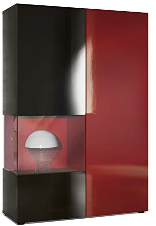 Vladon Vitrine Kommode Hochschrank Morena, Made in Germany, Korpus in Schwarz matt/Rechte Tür und der Einsatz in Bordeaux Hochglanz