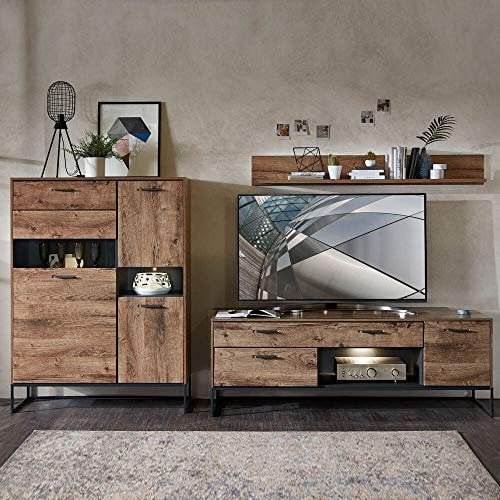 Lomadox Moderne Wohnwand im Industrial Look in Haveleiche Cognac Dekor mit Graphit