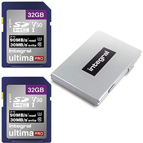 Integral 32GB 2 Pack SD Card with a 6 Slot Protective Metal Card Case - 4K Ultra-HD Video Premium High Speed Up to 90MB/s Read Speed - SDHC V30 UHS-I U3 Class 10 SD Memory Card Twin Pack