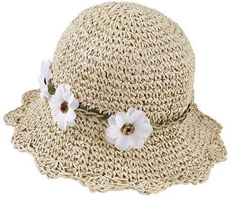 Sombrero de Paja Niñas Anti UV Gorra de Sol Chica de Playa con Flores para Viaje Beach Piscina al Aire Libre 50-52cm