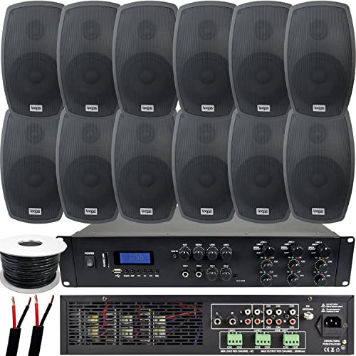1200W LOUD Outdoor Bluetooth Sound System | 12x 140W Black Speaker | 6 Channel / Zone Matrix HiFi Mixer Amplifier Amp Kit | Weatherproof Garden Party Event Audio | Powerful Wireless Music | Echo Alexa