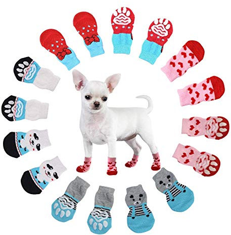 Heiqlay Hundesocken Anti Rutsch Socken für Katzen Pfotenschutz Hund Katze Pet Indoor Anti-Rutsch Socken Pfotenschutz und Traktion Dank Silikon-Gel für Hunde und Katzen, 4 Sätze, S