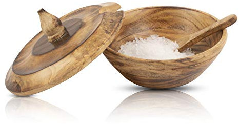 Dekorative rustikale hölzerne Zuckerdose & Löffel mit Deckel, breite Öffnung, Süßigkeitenbehälter, Gewürzbehälter, Nüsse, Servierschale, Topf, Salz, Gewürze, Tee, Vorratsbehälter für Zuhause & Küche