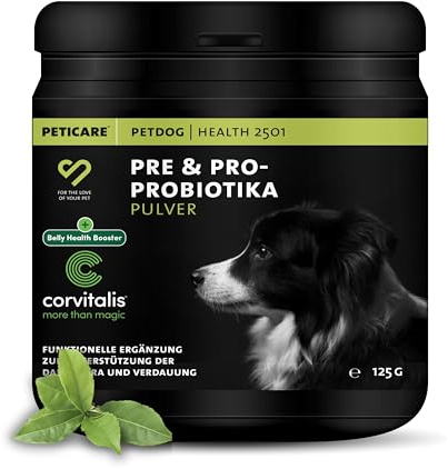 Peticare Probiotika & Präbiotika Pulver für Hunde zum Aufbau der Darmflora | Synbiotikum mit Corvitalis Komplex zur täglichen Darmsanierung, stärkt das Immunsystem & Verdauung, Schweizer Laborqualität