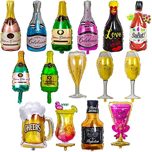 Rcanedny 16 Pieces Party Foil Balloons Beer Bottle Champagne Bottle Goblet Wine Wine Glass Cheers Foil Balloons for Graduation Wedding Birthday Bridal Shower Party Decoration