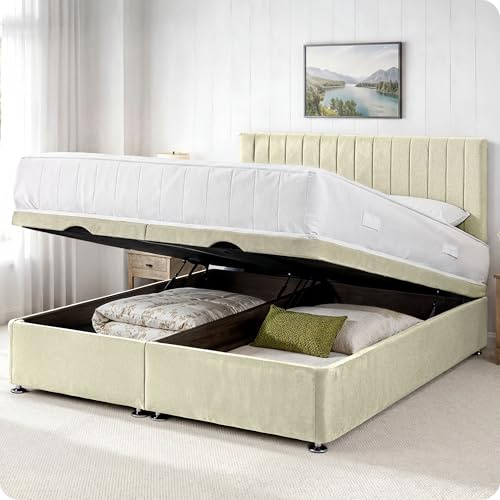 Comfy Deluxe LTD Apollo Ottoman Bed Base - 4FT6 Double, Cream | Plush Velvet Divan Storage Bed Frame with 26 Inch Headboard | Gas Lift Foot-End Opening | No Mattress Included | UK Made