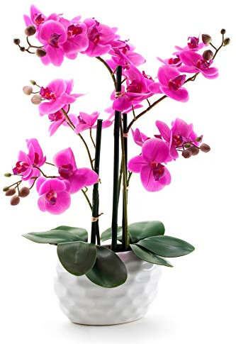 DARO DEKO Kunst-Pflanze Orchidee (ovaler Topf weiß Hochglanz und lila Blüten 53cm)