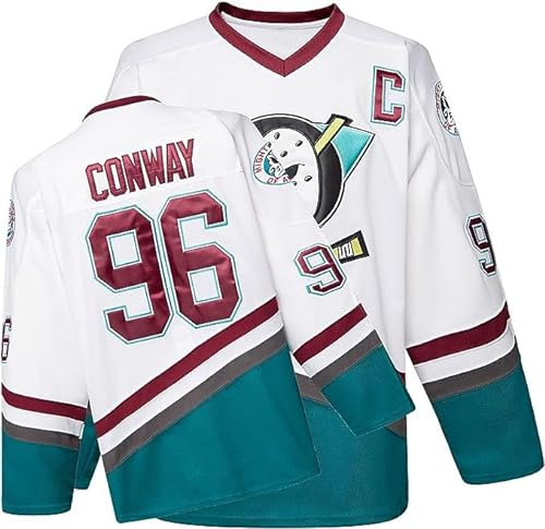 Mighty Ducks Jersey Film Eishockey Trikot S-XXXL Charlie Conway #96 Adam Banks #99, 90er Hip Hop Kleidung für Party, 96#Weiß, Klein
