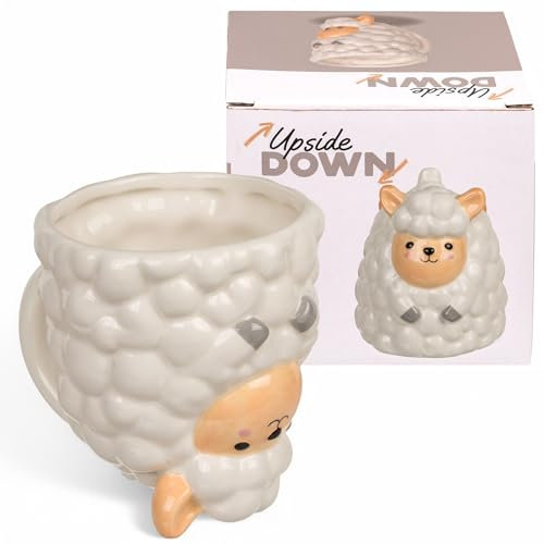 MIJOMA Upside-Down-Mug Kopfüber-Tasse – Lustiger Kaffeebecher aus Keramik – Umgedrehter Henkelbecher für Kaffee & Tee – 500 ml (Schaf)