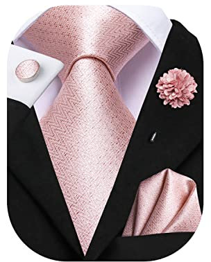 Hi-Tie Cravate et boutons de manchette carrés en soie pour homme en jacquard pour mariage d'affaires, rose, M