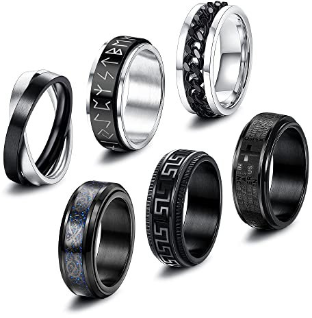 CASSIECA 6 Stück Edelstahl Herren Ringe für Männer Damen Silber Noir Flaschenöffner Ringe Schwarz Matt Finish Poliert Band Ringe Ketten Ringe Coole Kette Welle Kreuz
