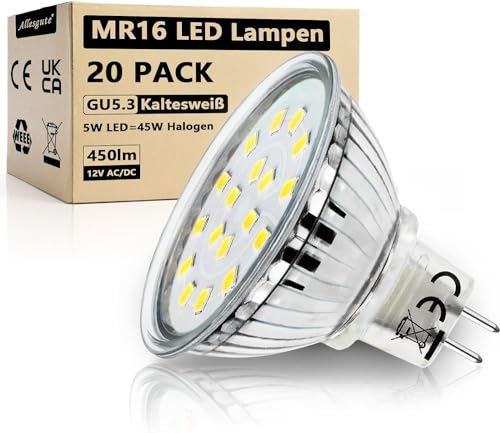 Allesgute GU5.3 MR16 LED Lampe Kaltweiß 5W ersatzt für 45W 50W Halogen Leuchtmittel 450lm LED Strahler 12V AC/DC Spot Mit GU 5.3 Sockel Glühbirne, 20er Set