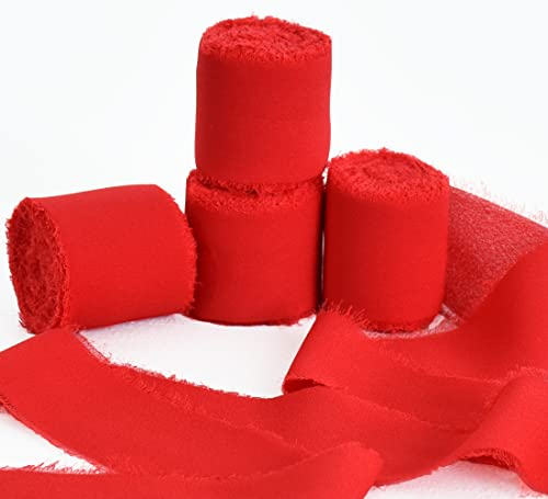 TONIFUL 4 Rollen Seiden-Chiffonband, 3.8 cmx22 m, rote Chiffonbänder, handgefertigtes Fransen-Seidenband, ausgefranste Kanten für Geschenkverpackungen, Brautsträuße, Dekoration, Basteln