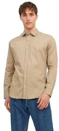 JACK & JONES Jjegingham Twill Shirt L/S Noos Chemise, Crockery/Detail:/Solid/Slim Fit, L Hommes