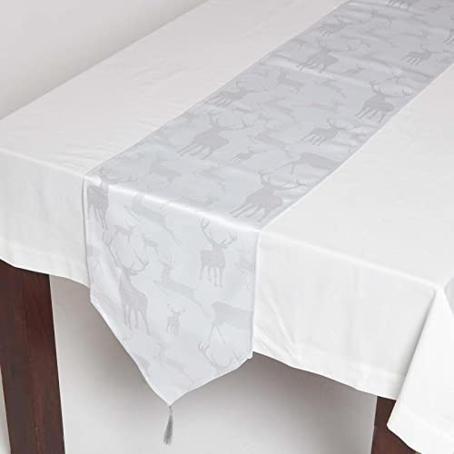 HOMESCAPES Christmas Table Runner Sparkling Silver Christmas Runner 33 x 182 cm with Tassels & Stag Xmas Pattern