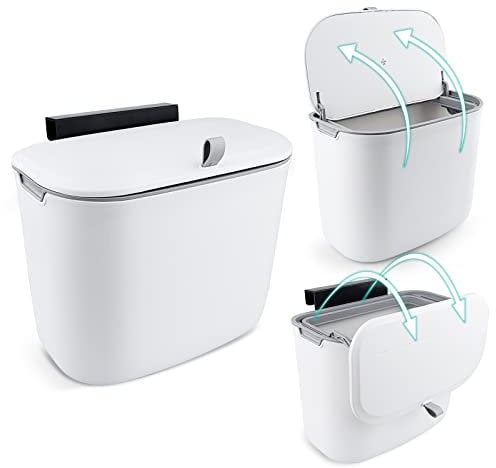 Pecihiko Kitchen Compost Bin, 9L Hanging Food Waste Bin with Lid, Kitchen Cabinet Door Cupboard Food Bins Wall Mounted Slide Open Bathroom Trash Can with for Bathroom, Toilet, Bedroom, Office