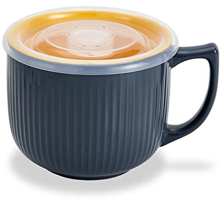 Ceramic Soup Bowl with Handle – Large 900ml Microwave Soup Mug with Lid, Soup Container & Cup for Cereal, Oatmeal, Ramen, Noodle, Porridge, Housewarming Gift - (Grey)