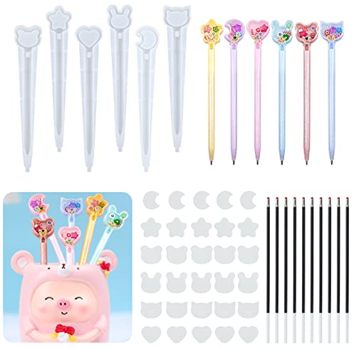 Koonafy 6 Pezzi Stampi in Resina Epossidica per Penna, Stampi per Penne a Sfera in Silicone, Resina Shaker Silicone con 10 Pz Penne di Ricarica e 30 Pz PVC Foglio per Creazioni Artigianato DIY Penna