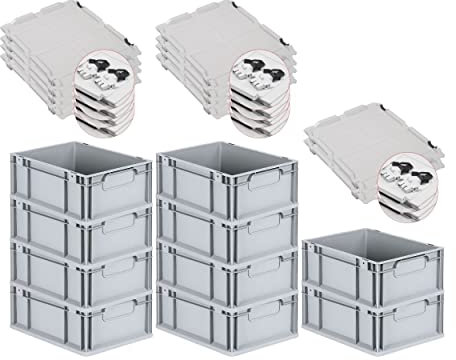 PROREGAL SuperSparSet 10x Eurobox NextGen Economy mit Scharnierdeckel & schwarzen Verschlüssen | Griffe geschlossen | HxBxT 17x30x40cm | 16 Liter | Eurobehälter Transportbox Transportbehälter