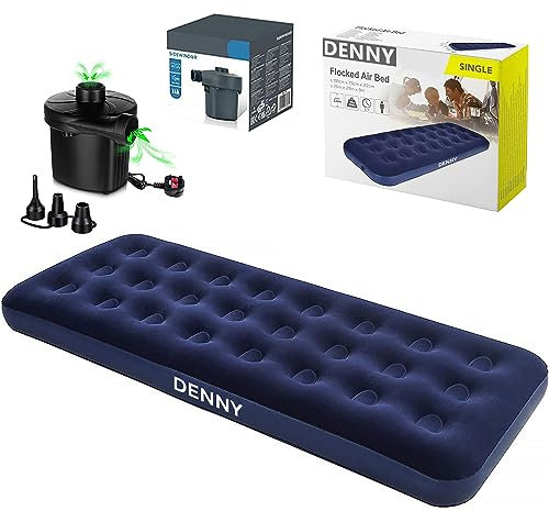 DENNY Single Airbed Inflatable Mattress, Waterproof Camping Mattress Air Bed, Quick Inflatable Air Mattress for Adults & Kids, Blow Up Mattress Air Bed with Electric Pump (Single + Pump)