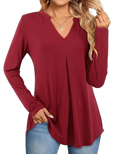 Beluring Bluse Damen Sexy Langarm Plissee Tops V-Ausschnitt Tshirt Locker Shirt Weinrot XXL