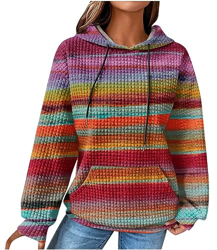 EMATOP Damen Baumwolle Hoodie Causal Langarm Kapuzenpullover Herbst Winter Warm Pullover Vintage Bunte Print Sweatshirt mit Kapuze Pulli Oberteile Mode Waffel Kapuzenpulli mit Taschen Outwear