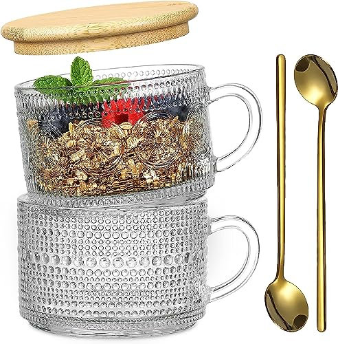 Vintage Coffee Mugs, 14 oz Glass Coffee Tea Cups with Lids and Spoons - Clear Embossed Aesthetic Mugs Cute Drinking Glasses for Latte, Cappuccino, Oat (2)