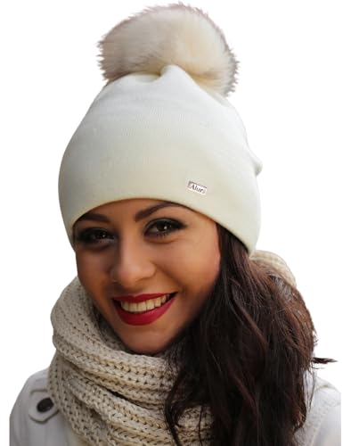 Alur Mütze Damen Beanie Wintermütze Strickmütze mit Bommel - Warme Elastisch Elegant Winter Mütze EKO Bommelmütze - Weiches Garn Stilvoll Universell Warm (Creme)