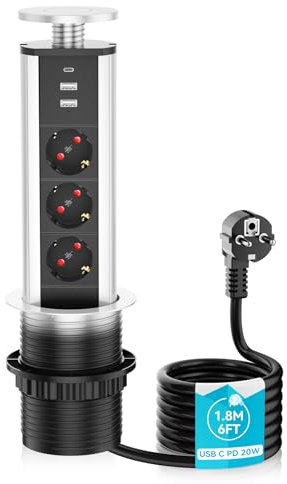 3 Fach Versenkbare Steckdose mit USB C 20W, Airmom Tischsteckdose 3 Fach für Arbeitsplatte mit 3 USB Anschlüssen, 1,8M Kabel