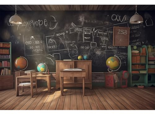 YongFoto 2,5x1,8m Foto Wand Einschulung Klassenzimmer Schreibtisch Globus Bücherregal Tafel Fotohintergrund für StudentenLehrer Zurück zum Schultag Online-Bildung Wand Dekor Fotografie-Hintergrund