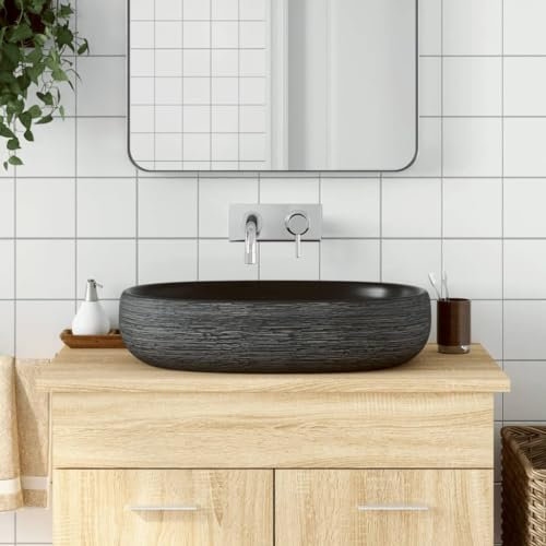 Festnight Waschbecken Aufsatzwaschbecken Keramik Waschbecken Grau und Schwarz Oval-2 59 x 40 x 14 cm Kleine Waschtisch Handwaschbecken Waschbecken Bad Aufsatzwaschbecken für das Badezimmer