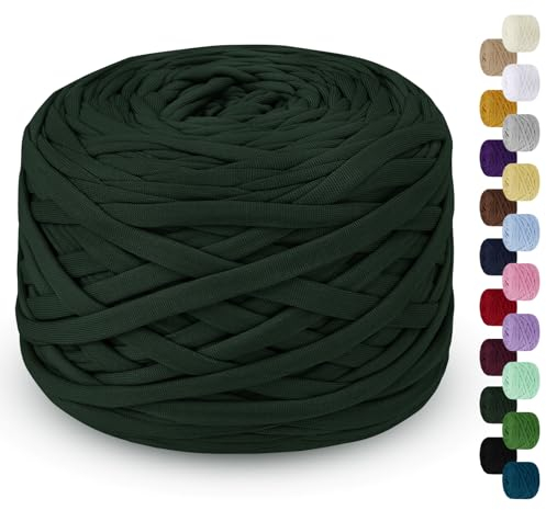 LEREATI 285g T-Shirt Garn, Textilgarn zum Häkeln für Körbe, Bändchengarn Polyester Rope, Häkelkorb Taschen Teppiche Wandbehang Makramee (Dunkelgrün)