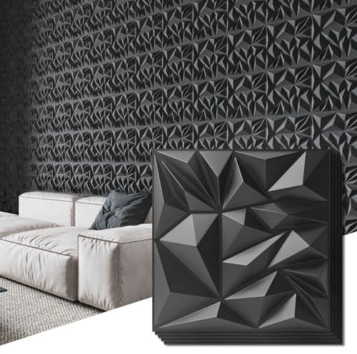 Art3d Confezione da 33 pannelli da parete 3D per decorazione d'interni, moderni pannelli con trama a diamante, per gaming, soggiorno, sfondo TV, 30 x 30 cm, nero
