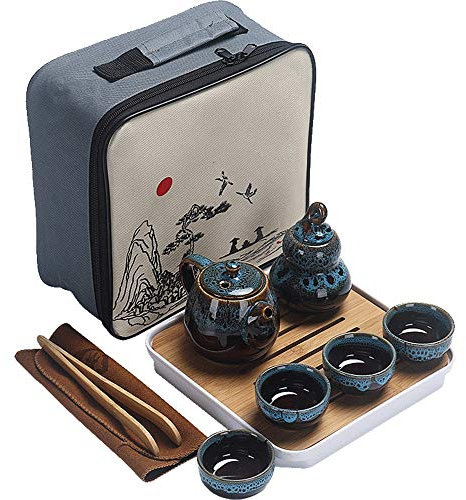 OQHAIR Service à thé Service à thé Kung Fu de Style Chinois Portable théière 4 Tasses à thé Plateau à thé avec Sac de Voyage pour 4 Personnes Bureau à Domicile Voyage et Cadeau Service à