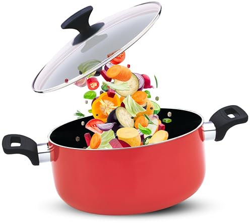 KITCHEN KING Casserole Dish with Lid for Oven and Hob Round Shallow Non Stick Krafto Casserole dishes with Lids Oven proof Black Dutch Pot Induction Compatible Aluminium PFOA free (Red, 24cm)