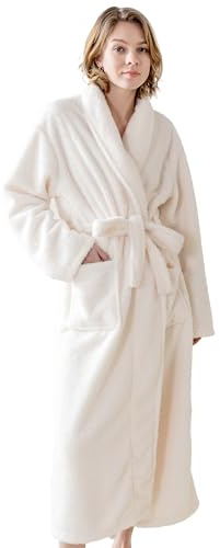 KORBLISS Robes for Women – Premium Plush Fleece Long Bathrobe for Women with Shawl Collar, Soft Warm Womens Robe with Pockets and Belt, White, Large