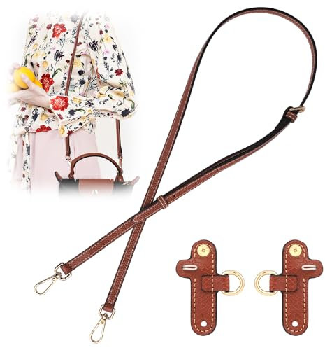 Bandoulière Sangle, 95-125cm Cuir Véritable Sangle de Remplacement avec 2 Adaptateurs Sans Poinçon Sangle de Rechange Réglable pour Bourse Portefeuille (Marron)