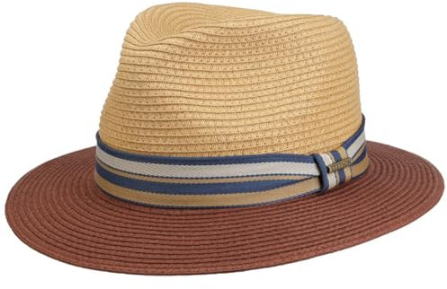 Stetson Romaro Toyo Traveller Strohhut Herren UV-Schutz 40+ Breite Krempe Gestreifte Ripsbandgarnitur Frühjahr Sommer Natur-rot M (56-57 cm)