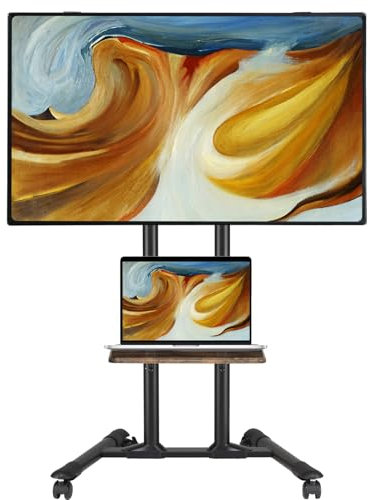 ETHU Universal Mobile Floor TV Stand with Wheels, 32-85 Inch TV Cart, TV Pedestal stand Tilt Rolling Flatscreen TV Stand with Media Shelf, Height Adjustable, 60kg Capacity, Max. VESA 600x400mm