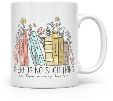 Noble & Page Tasse für Buchliebhaber, Aufschrift No Such Thing as Too Many Books, handbedruckte Kaffeetassen für alle, die gerne lesen, schöne glänzende bedruckte Tasse