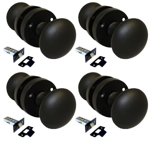 Matt Black Round Door Knob Set - Victorian Style Sprung Internal & External Door Knobs for Mortice Locks & Tubular latches (4 Pair of KNOBS + Tubular Latch)