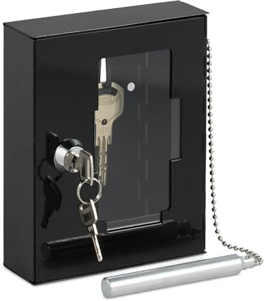 Relaxdays Notschlüsselkasten, Hammer & Schlüssel, abschließbar, Metall Notschlüsselbox, Glasscheibe, Notkasten, schwarz