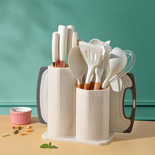 Maxspace Juego de utensilios de cocina, 19 piezas de silicona antiadherente, resistentes al calor, juego de cubiertos con cuchillos, juego de utensilios de cocina y tabla de cortar (blanco)