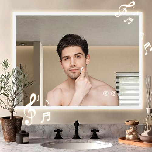 YOLEO Bluetooth Bathroom Mirror with LED Lights, 700x500mm Illuminated Bathroom Mirror, Wall Mounted Vanity Mirror with 3 Colors Dimmable, Anti-Fog, Touch Switch, Waterproof IP44, Horizontal/Vertical
