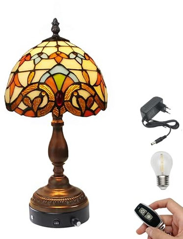 FSLiving Tiffany-Stil Tischlampe Kabellos Warmweißes, Wiederaufladbar Tischleuchte, Dimmbar Nachttischlampe mit Glasschirm und Fernbedienung für Nachttisch Esszimmer Schlafzimmer -TD0777