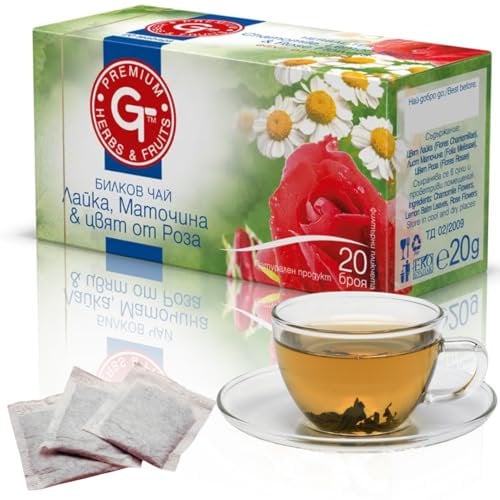 Premium GT Chamomile Lemon Balm Leaf Rose Blossom 20 Tea Bags Experience Tranquility with Premium Calming Tea Rose Flower Tea Bags for Relaxation and Sleepy Tea Premium GT Herbs & Fruits