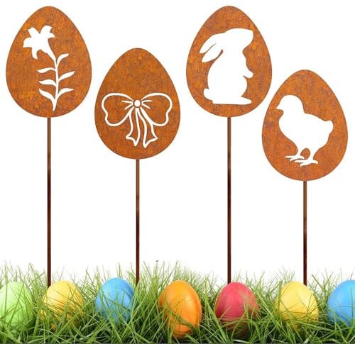HXUING Ostern Roststecker 4er Set, Gartenstecker Hase aus Edelrost Metall Hasen Roststecker Rost Metall Osterdeko Edelrost Osterhasen, für Ostern und Frühling Gartendeko