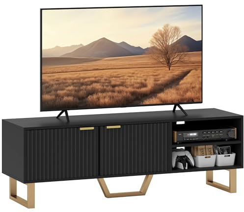 HOMCOM Meuble TV meuble télé bois banc TV pour téléviseur jusqu'à 70 pouces avec placard à 2 portes cannelées, compartiment ouvert et passe-câbles, pour salon chambre à coucher, 140 x 39 x 47 cm, noir